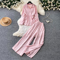 Lazy style pink shirt loose pantstwo-piece set female spring autum light mature waist tie backfashionableelegantsuit