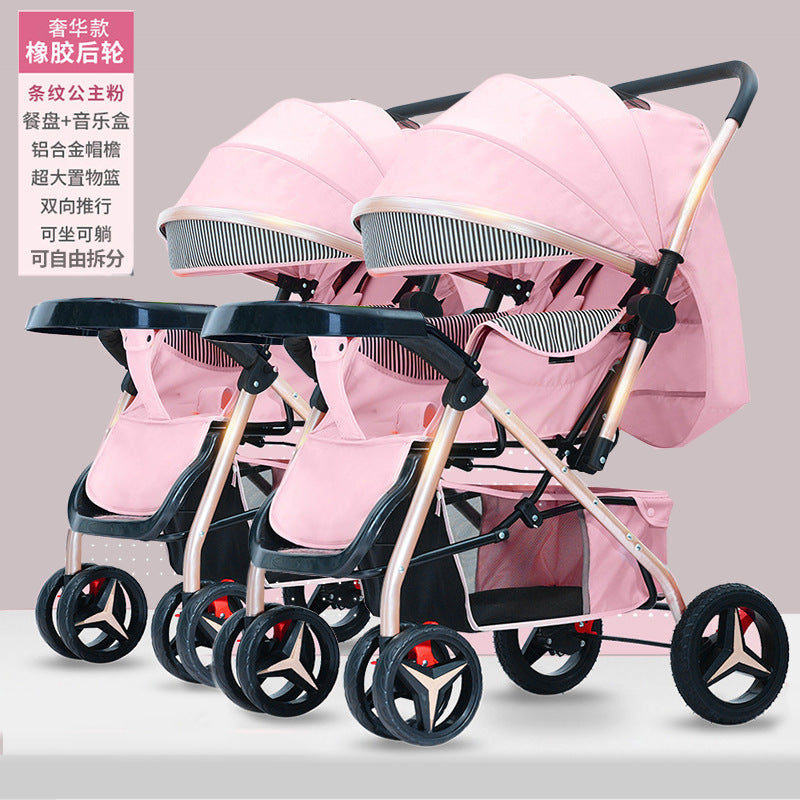 Twin stroller - lightweight, high-view, portable, convertible (sitting/reclining), detachable, double baby stroller, foldable, universal fit