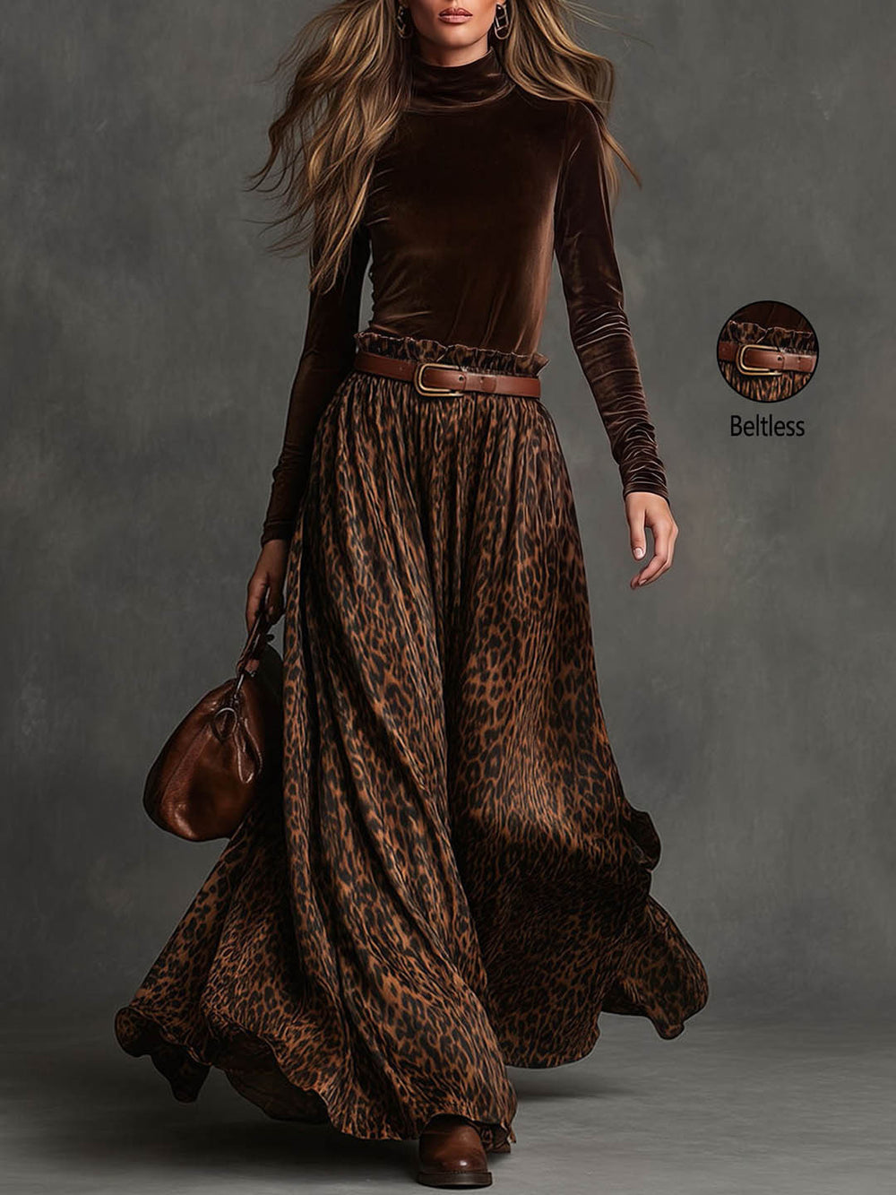 European and american retro style women's two-piece set: brown velvet base layer top with leopard print flowy maxi skirt