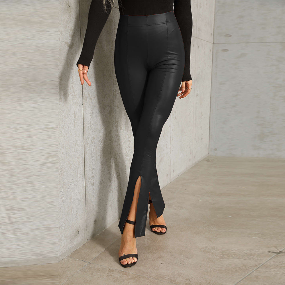 Wish  sexy pu leather pants, european and american classic high-waisted stretch flare leggings, women's slit long pants, plus size