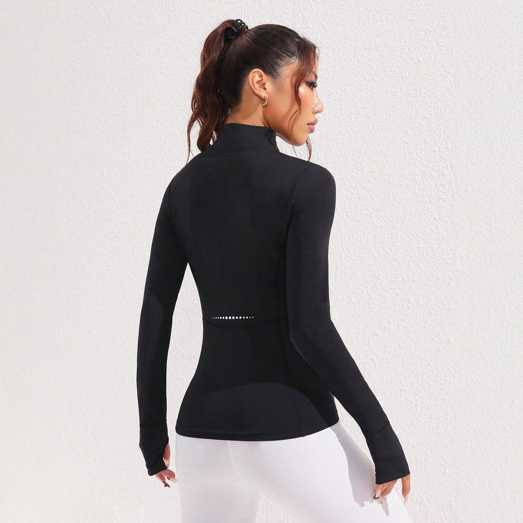 Pre-sale Cross-border high-elastic breathable yoga long-sleeved top thumb hole stand-up collar reflective printing slim-fit sports sweater women