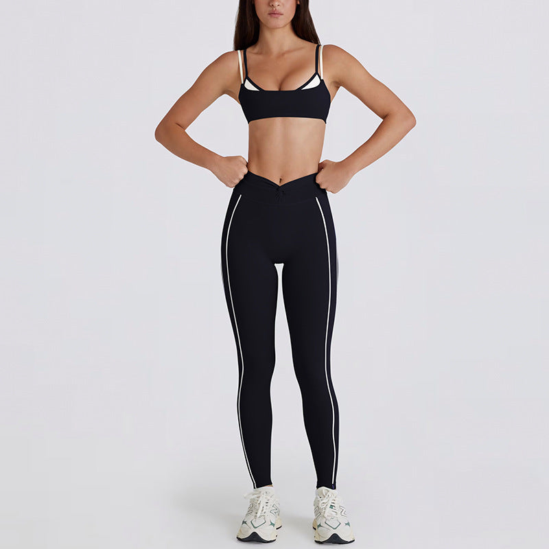 contrast color white stripes fake two pieces running pants shorts twist halter sports intimates bra yoga suit set for women