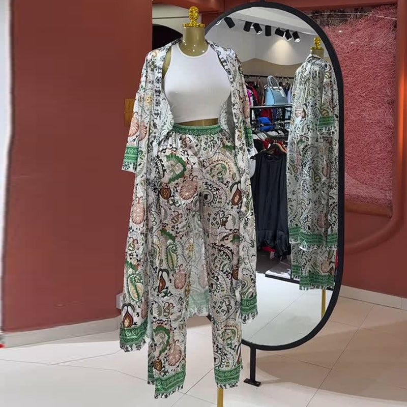 European and American  women's clothing 2025 summer new fashion thin printed long cardigan high waist trousers casual suit