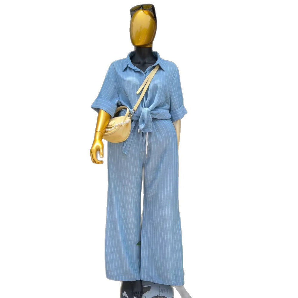 European and american cross-border women's fashion:  summer new arrivals - stylish casual striped loose-fit short sleeve shirt and wide-leg pants set