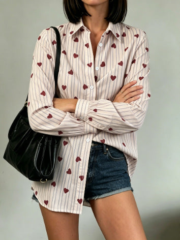 casual heart stripe shirt - vertical stripe red heart print, turn-down collar, puff sleeves, everyday versatile long sleeve
