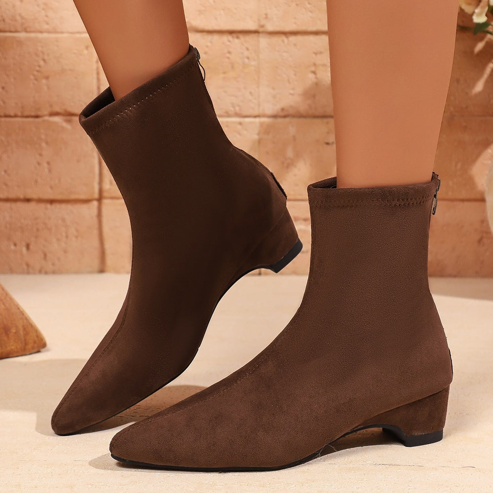 Suede slimming lookretro low heel short boots autumnew arrival pointed toe export plus size thick heel slim martin boots women