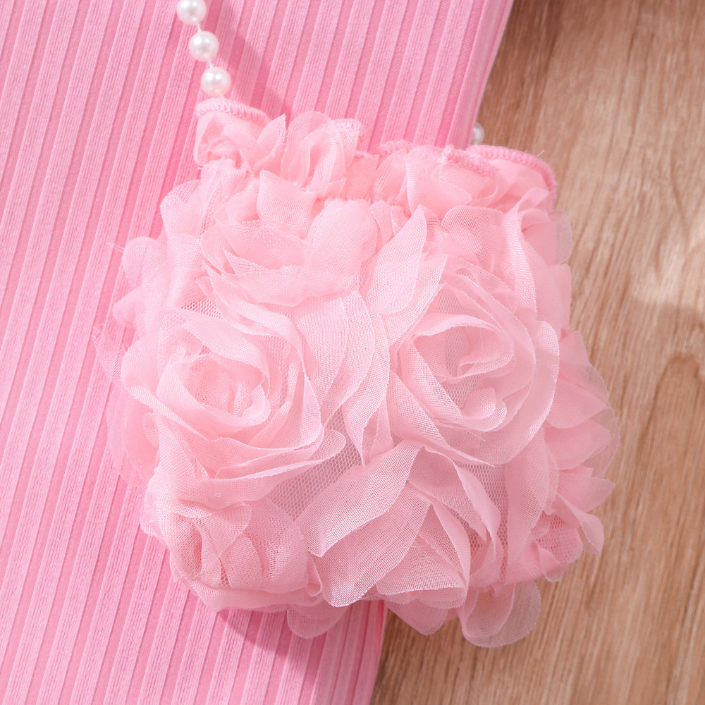 Children's flower short-sleeved dress + flower shoulder bag