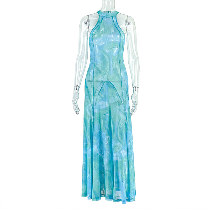 European and american style ins foreign trade elegant women's workwear printed streetwear a-line dress round neck ruched sleeveless maxi dress