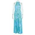 European and american style ins foreign trade elegant women's workwear printed streetwear a-line dress round neck ruched sleeveless maxi dress