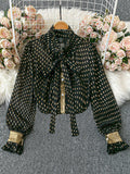 Black bottom gold printing tops collar bows fungus edge patchworkcontrast color bell sleeve short chiffon shirt