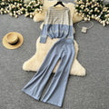 Plus-size slimming two-piece set: age-defying, versatile crew neck color block striped knit top with high-waisted wide-leg pants