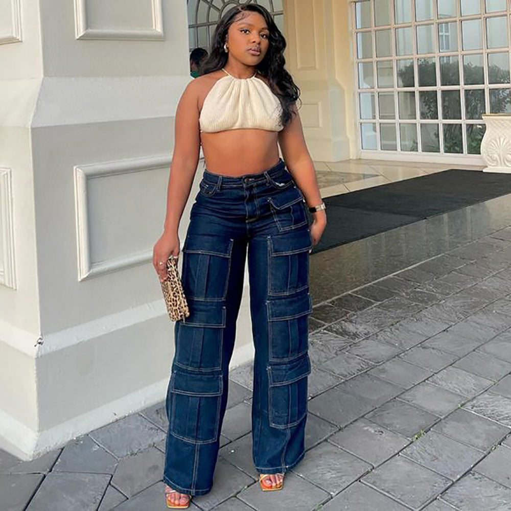 European and american style straight-legjeans  cross-border women's clothing street fashion multi-flap pocket pants exposed seam high waist workwear pants