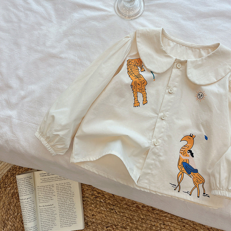 Girl heavy industry shirt  autumn new kidsembroider doll collar shirt sweet girl baby lantern sleeve tops