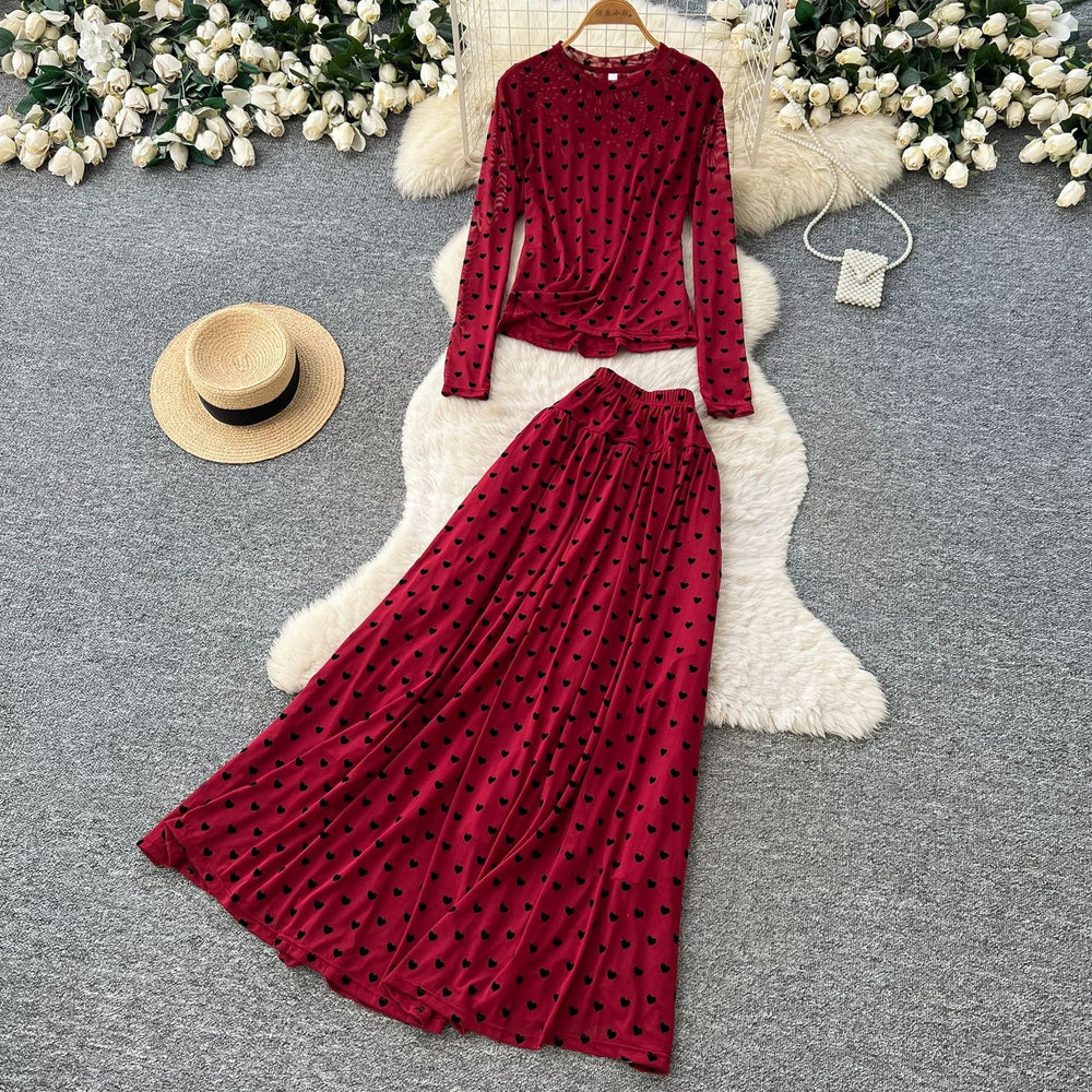French chic polka dot two-piece set: women's autumn long sleeve high-waisted slimming mesh top and midi skirt elegant outfit