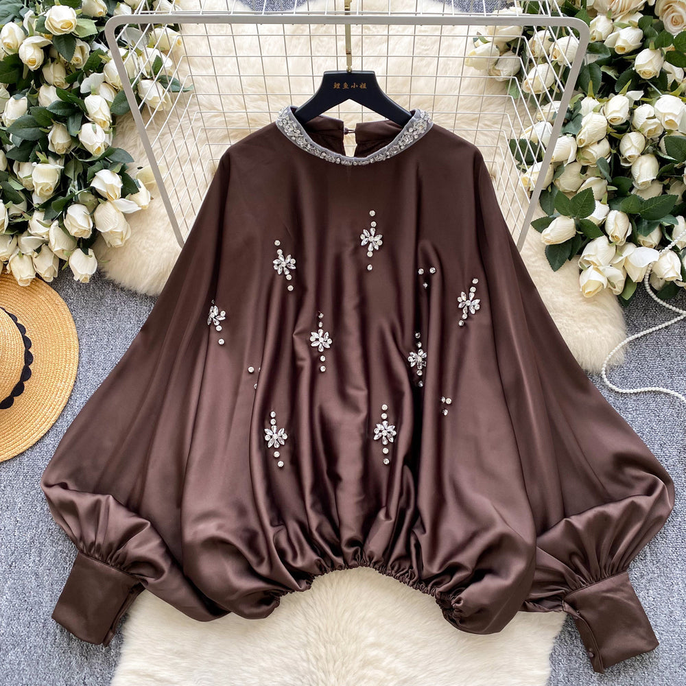 European and american fashion heavy-duty rhinestone embellished round neck lantern sleeve satin blouse - women's autumn fashion loose fit, slimming, and figure-flattering top