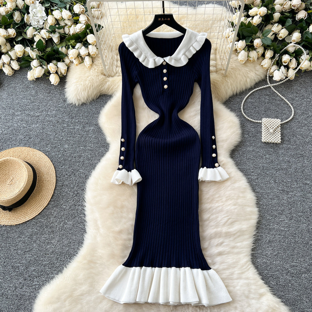 Autumnew arrivalretrocontrast color doll collar waist knittingdress women's elastic silmelegantruffles long skirt
