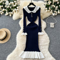 Autumnew arrivalretrocontrast color doll collar waist knittingdress women's elastic silmelegantruffles long skirt