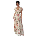 floral bubble sleeve french chic v-neck fitted waist maxi dress - printed floral summer dress