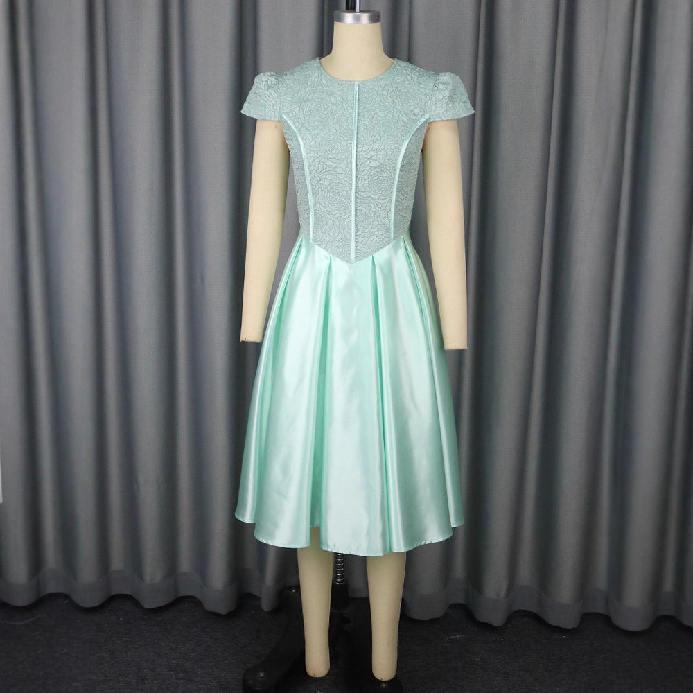 Summer new round neck rose jacquard bridesmaid dress bow tie elegant party dress