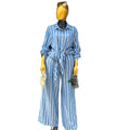European and american cross-border women's fashion:  spring new arrival - stylish lapel blue striped longline shirt and wide-leg pants set