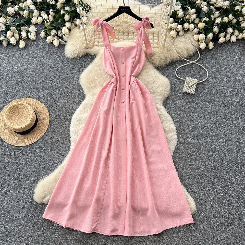 Vacation style pink suspender sweettie backdress women's summer relaxed style high waistslimming look a-line long skirt work clothing