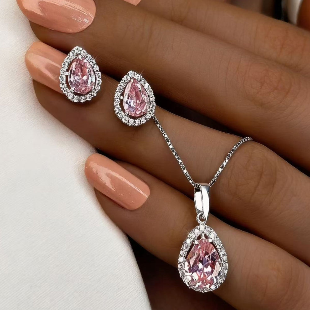 European and american cross-border fashion teardrop pendant jewelry set - women's pink sweet, light luxury, high-end necklace and earring set