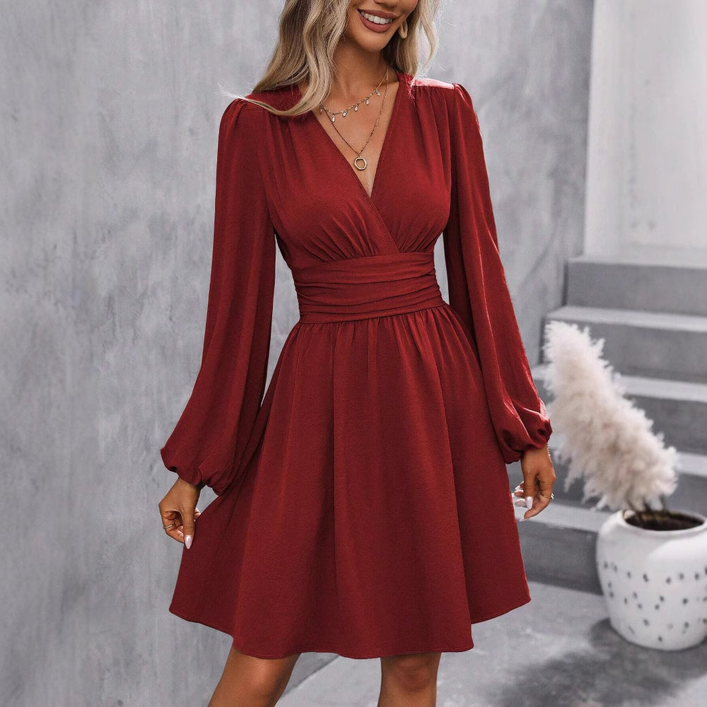 Fall and winternew arrival slanted collar lantern sleeve pleated waist dress