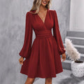 Fall and winternew arrival slanted collar lantern sleeve pleated waist dress