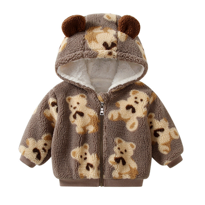 Fleece kids winter new product lambswool bear baby boys and girls children's clothing long sleevesheattechtopsoutwear
