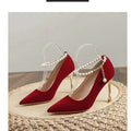 Red wedding shoes for women, new spring 2025 collection, pearl chain bridal shoes, xiuhe dress style, chinese high heels