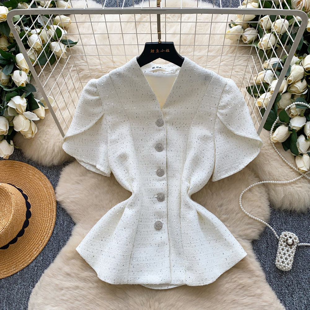 French style v-neck short-sleeve blouse with rhinestone embellishments - women's commute-friendly, loose-fit, single-breasted, waist-defining, slimming, and elegant top