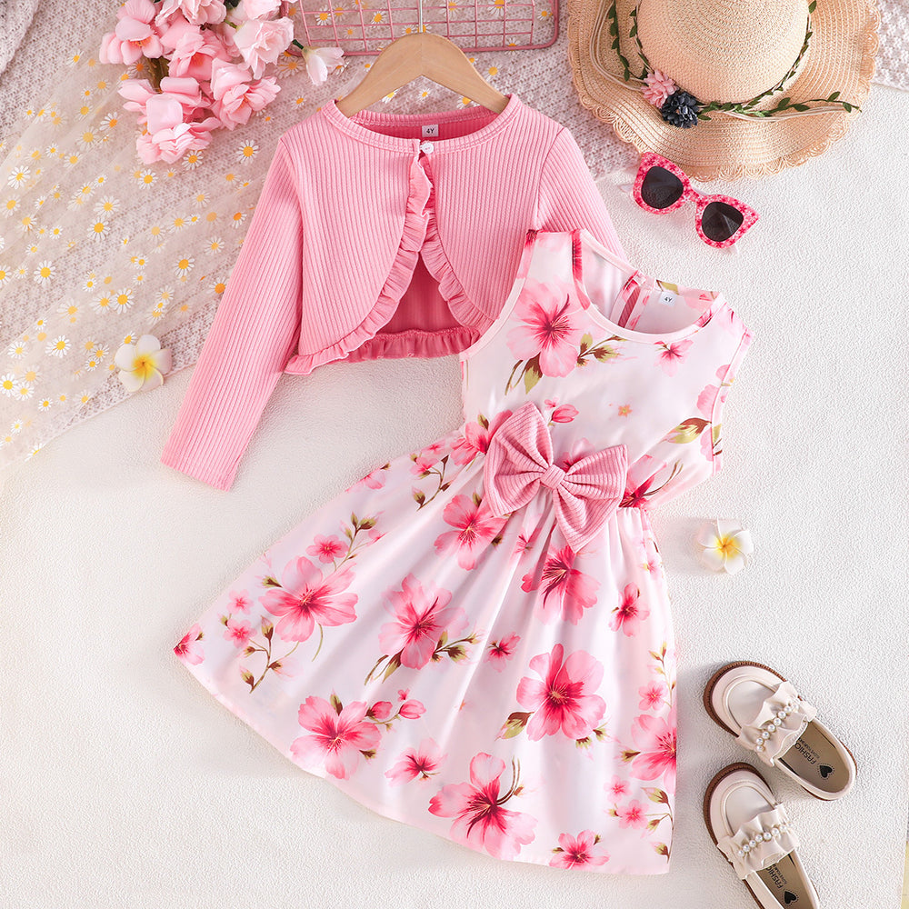 spring/autumn collection: girls' colorful suspender dress + solid color cardigan - new fashionable and elegant baby outfit