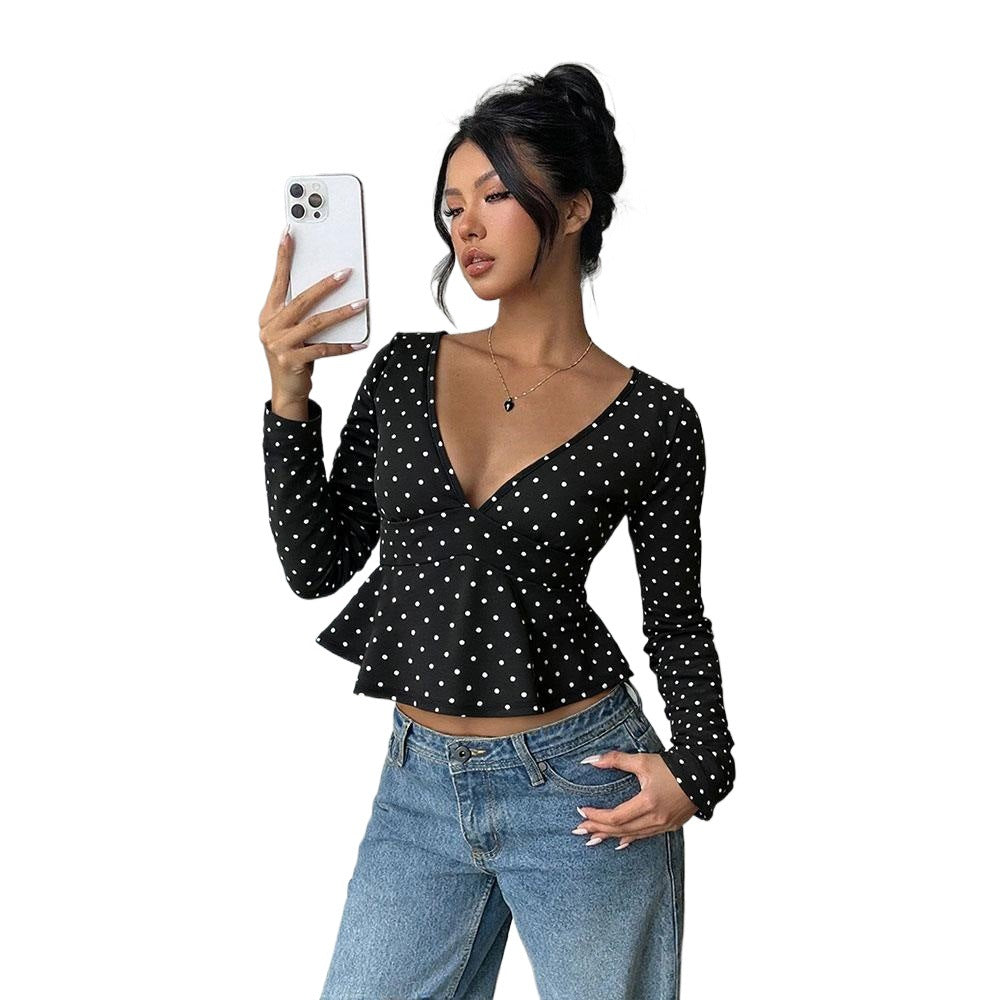 Polka dot v-neck fitted long sleeve t-shirt - women's chic & sexy slimming base layer top - cross-border exclusive