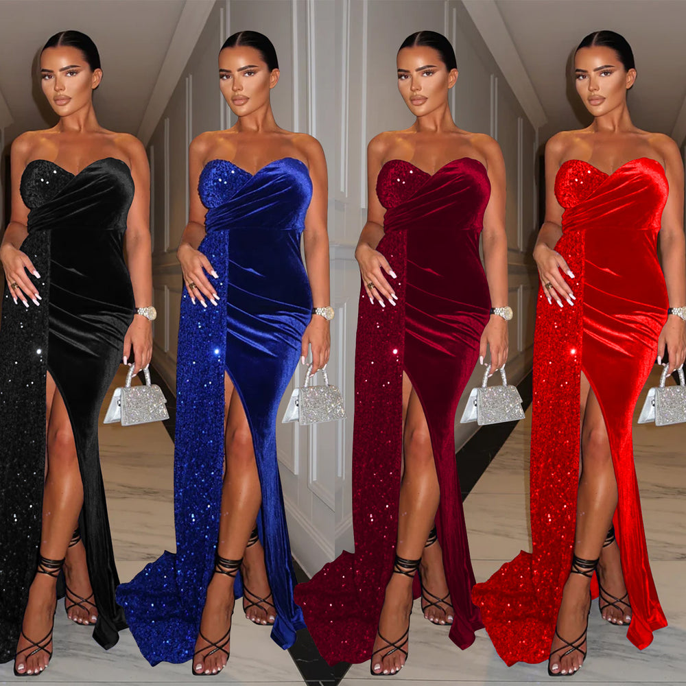 C6712 cross-border   fashion women's sexy sequin patchwork wrap dress