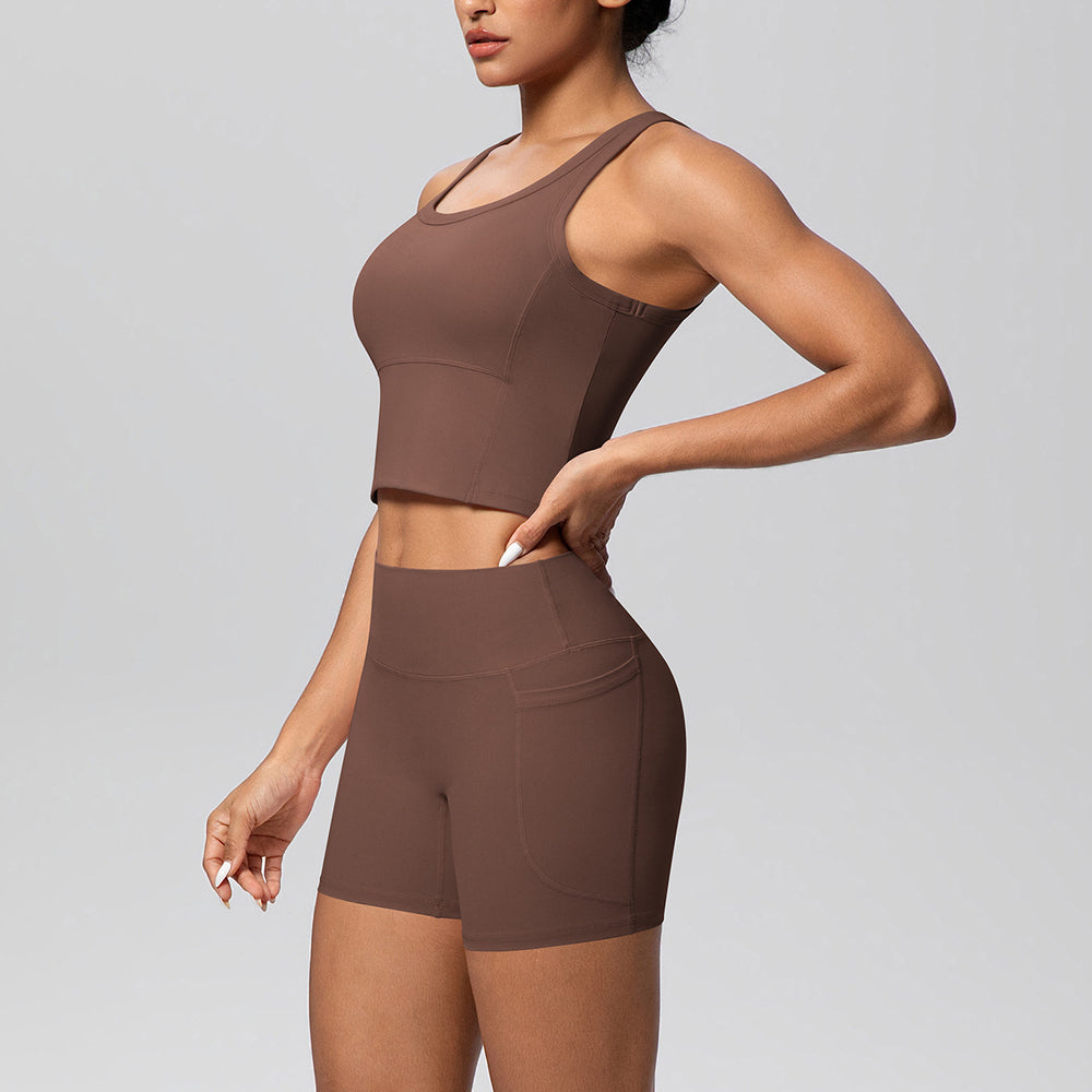New arrival: cross-border brushed solid color breathable tank top & pocket shorts yoga set - two-piece activewear for running and fitness