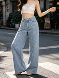 European and american style women's high-waisted wide-leg jeans - beaded, washed, loose-fit, and drapey denim pants for cross-border e-commerce