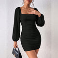 fashionnew arrival square neck pleated hip-hugging dress bubble long sleeves silmslimming look hot girl style short skirt