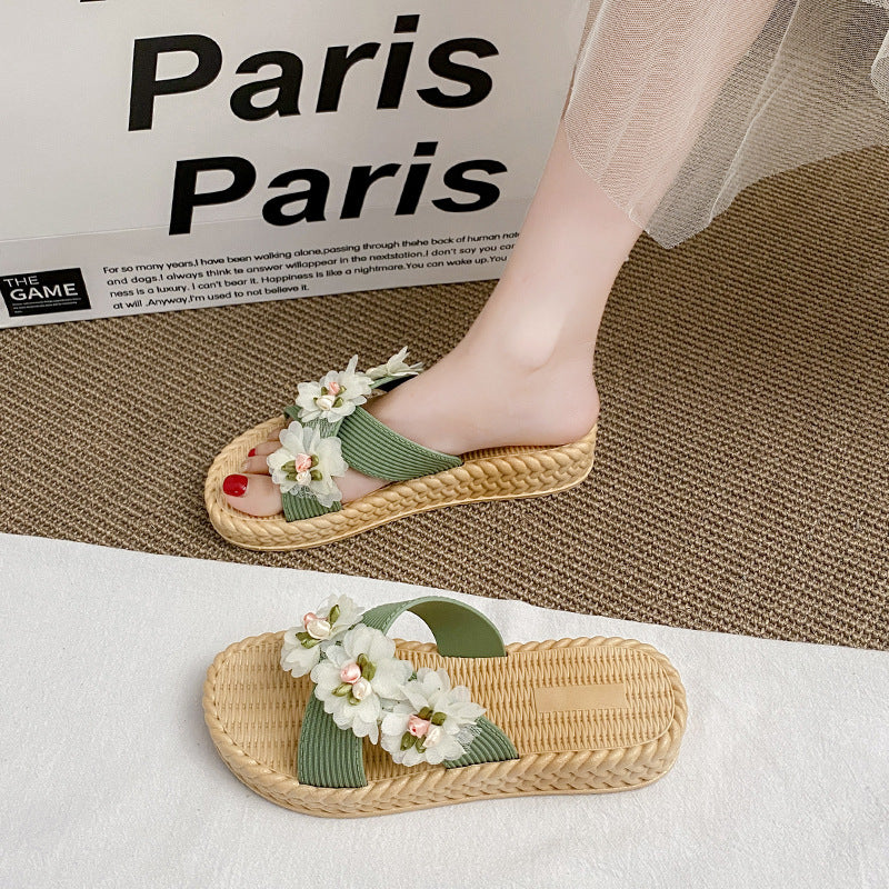 New platform sandals: 4cm chunky heel, criss-cross strap, three-flower design, women's summer outdoor slides, thick sole, non-slip, sweet beach shoes