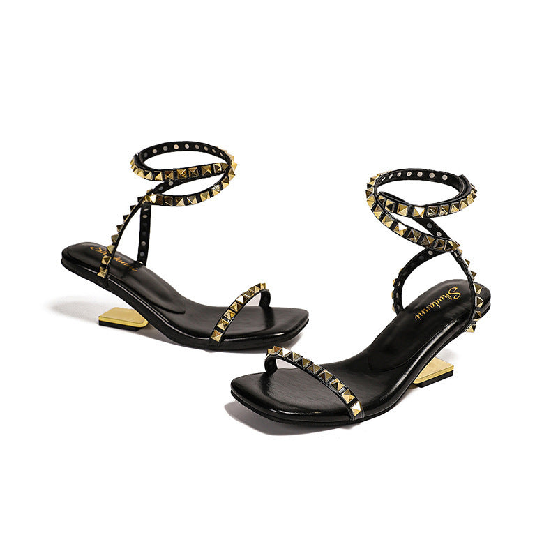 export 2026 summer new square toe high heel sandals women's sexy single strap rivet fashion roman sandals