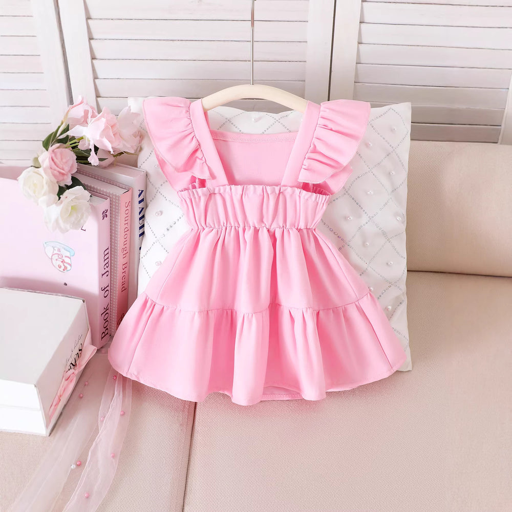 summer girls' tank top pink big bow flutter sleeve dress kids sweet sleeveless dress children's clothing in stock