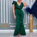 C8634 european and american cross-border fashion women's  summer dress - solid color v-neck ruffle hem slit mermaid maxi dress