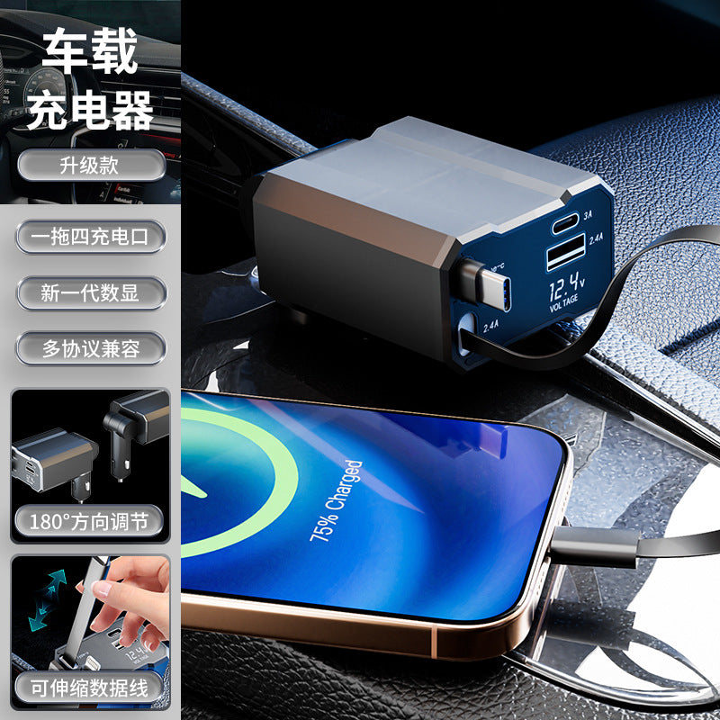 Car charger with dual usb ports and retractable cable - 2-in-1 design - universal compatibility for apple & huawei - fast charging