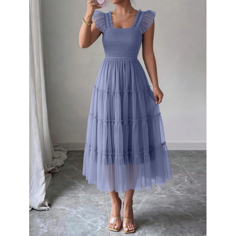 fashion  summer new arrival flying sleeve ruched ruffles vacation elegant mesh dress