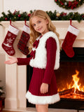 Girls' christmas outfit: white fleece vest with bow detail and matching red maxi skirt