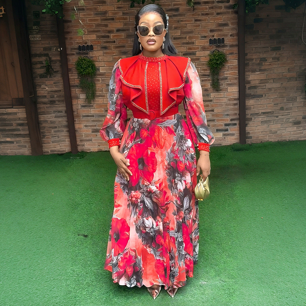 new european and american  cross-border trade african women's elegant printed long-sleeved plus size dress