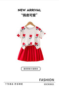 girls' short-sleeve outfit: summer floral print crewneck top and red pleated skirt two-piece set for kids