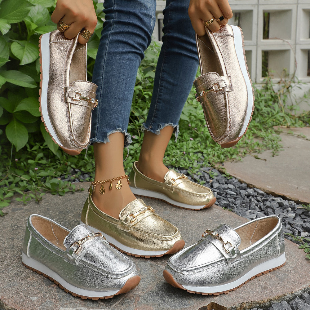 export plus size women's flats -  autumn new collection: metal chain detail, flat & chunky sole, casual loafers - wholesale