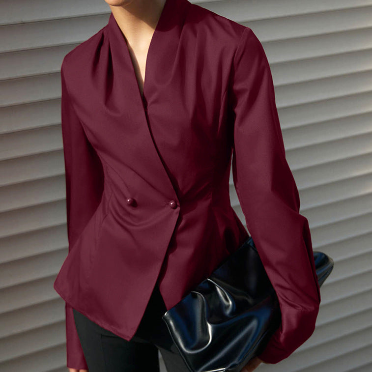 European and American  commuter women's clothing slim-fitting waist double-breasted long-sleeved v-neck jacket niche design red cardigan