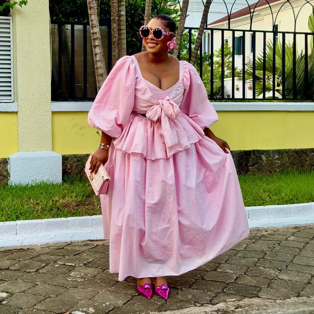 European and american cross-border women's clothing  summer new sweet and cute striped puff sleeve top and high-waisted midi skirt set