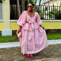European and american cross-border women's clothing  summer new sweet and cute striped puff sleeve top and high-waisted midi skirt set